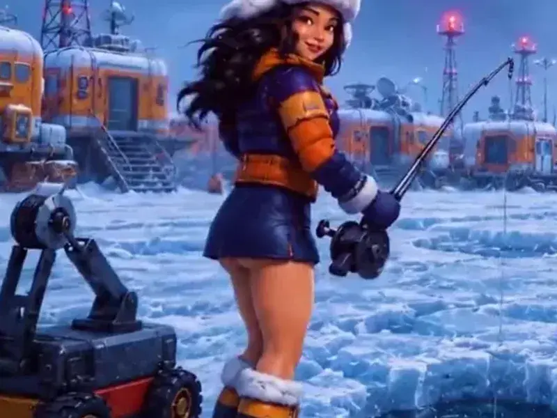 Ice Fish operator character and crane scene